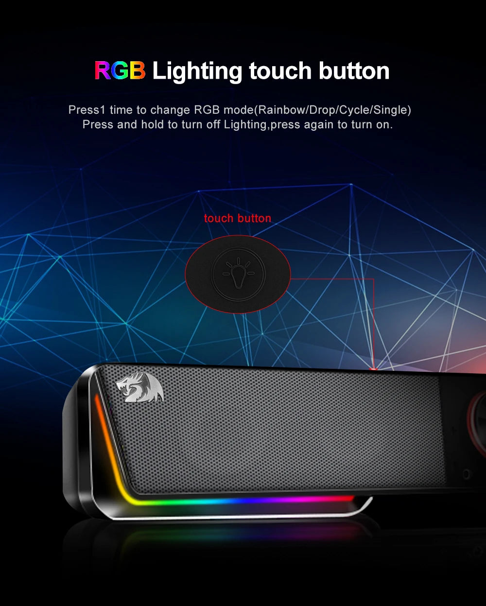 Redragon GS570 Darknets RGB Bluetooth Sound Bar – 2.0 Stereo PC Speakers with 3.5mm AUX, USB Powered, Dynamic RGB Lighting, Compact Desktop Soundbar for Gaming, Movies & Music