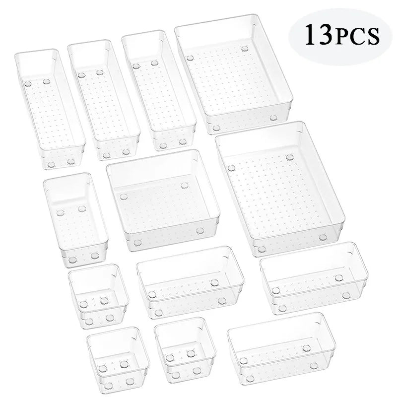 Versatile Drawer Organizer Set - Clear Plastic Trays and Dividers in 5 Sizes for Perfect Makeup and Kitchen Storage