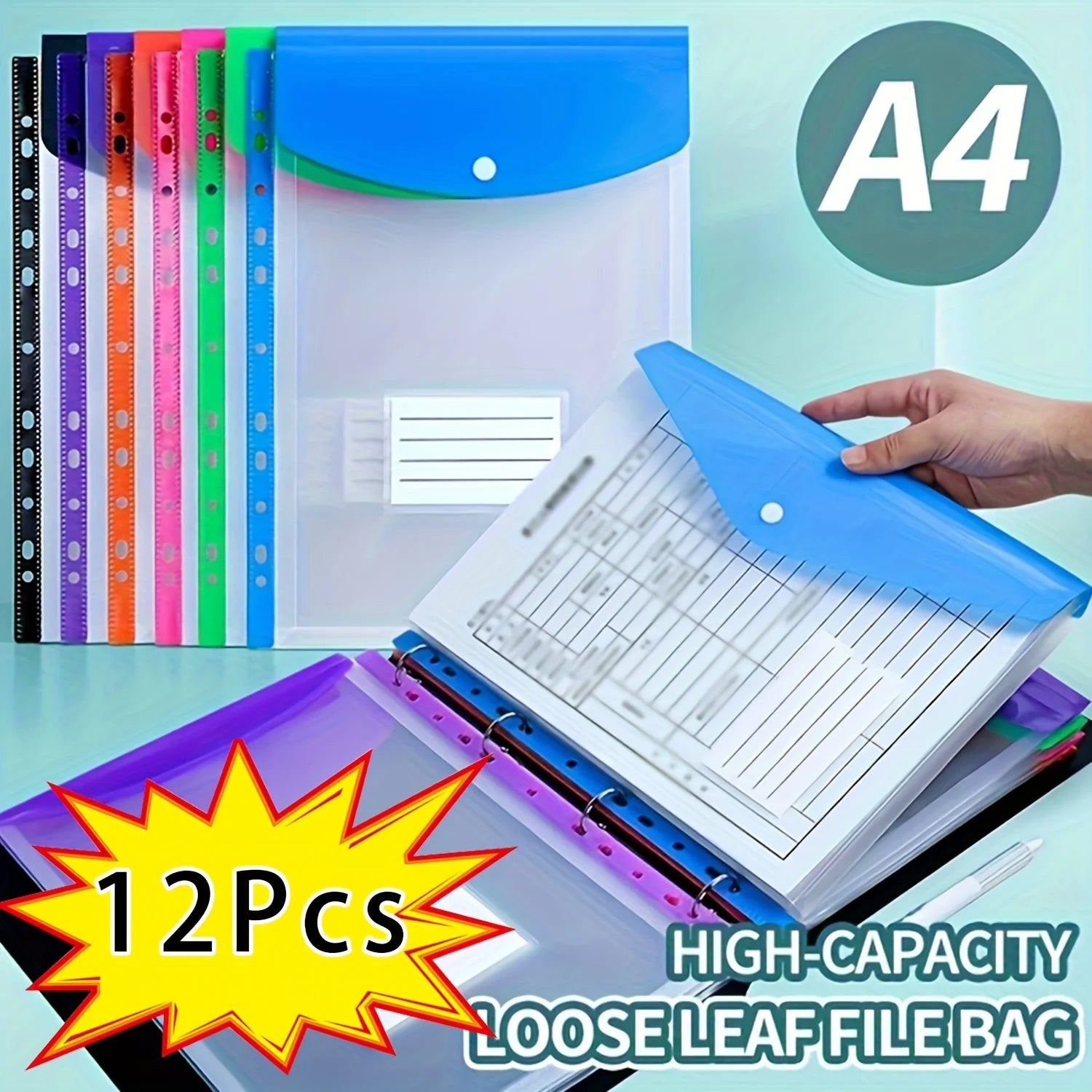 6/12pcs A4 Expanding File Folders with Push-Button 11-Ring Binder Pockets - PP Plastic Document Organizer with Locking Mechanism