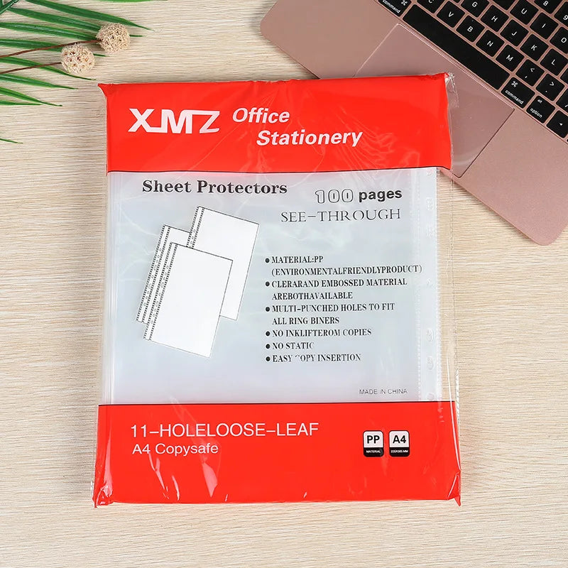 100pcs 11 Holes Transparent Plastic Punched File Folders A4 Document Sleeves Protector Office Supplies
