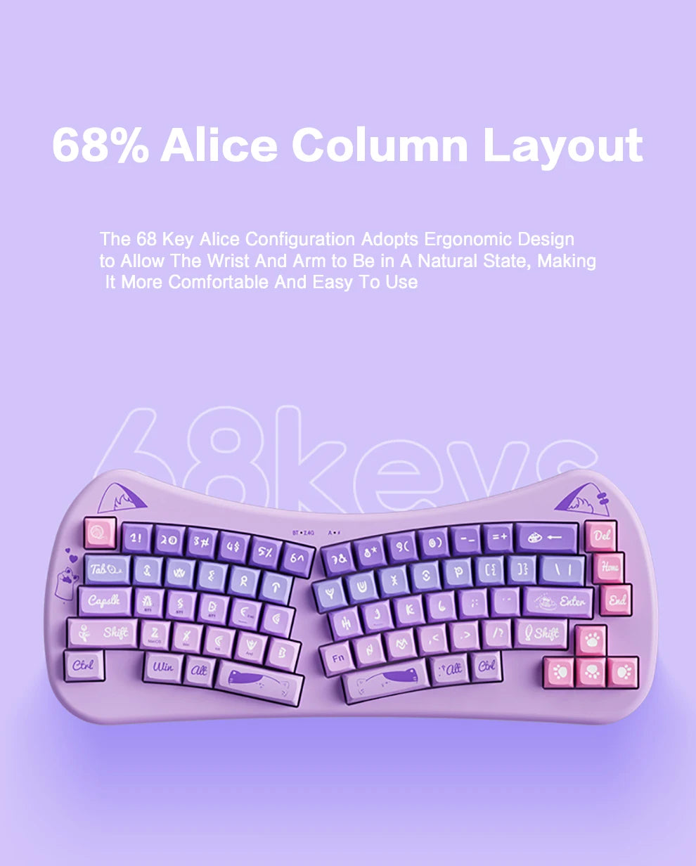 PurrBoard 68 – Ergonomic Split Wireless Keyboard | Bluetooth + 2.4G + Cat Keycaps