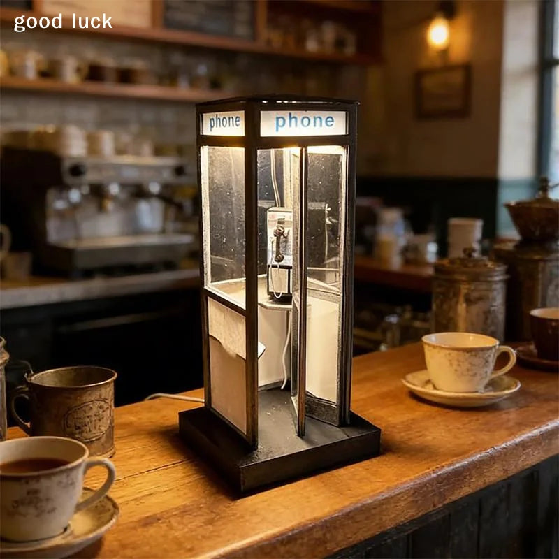 Retro Vintage Tall Phonebooth Lamp, Classic Telephone Booth Table Lamp With Warm LED Light, Phone Box Decorative Night Light
