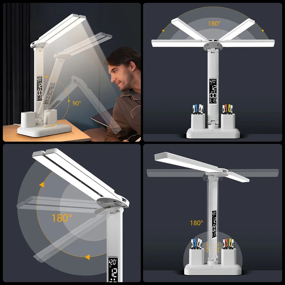 Double Headed Eye Protection Table Lamp LED Rechargeable Dimmable Desk Light Smart Display For Study Reading Bedside Night Light