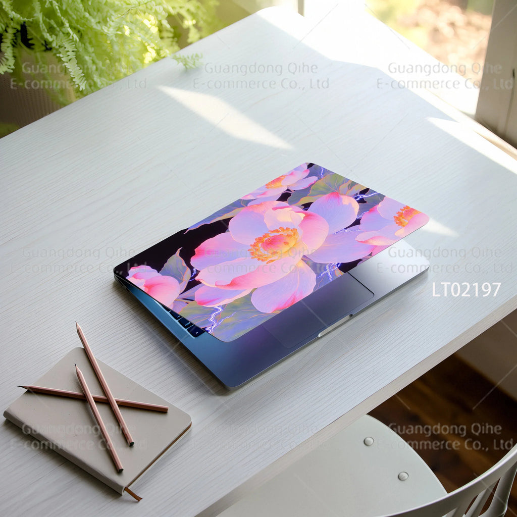 2pcs Creative Botanical Laptop Stickers Hand-Drawn Floral Line Art in Bright Colors, Waterproof Vinyl Decal for Notebook Covers