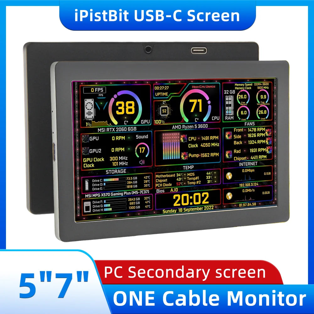 PC Stats Monitor – 5"/7" IPS USB-C Secondary Screen for CPU, GPU & RAM Monitoring (AIDA64)
