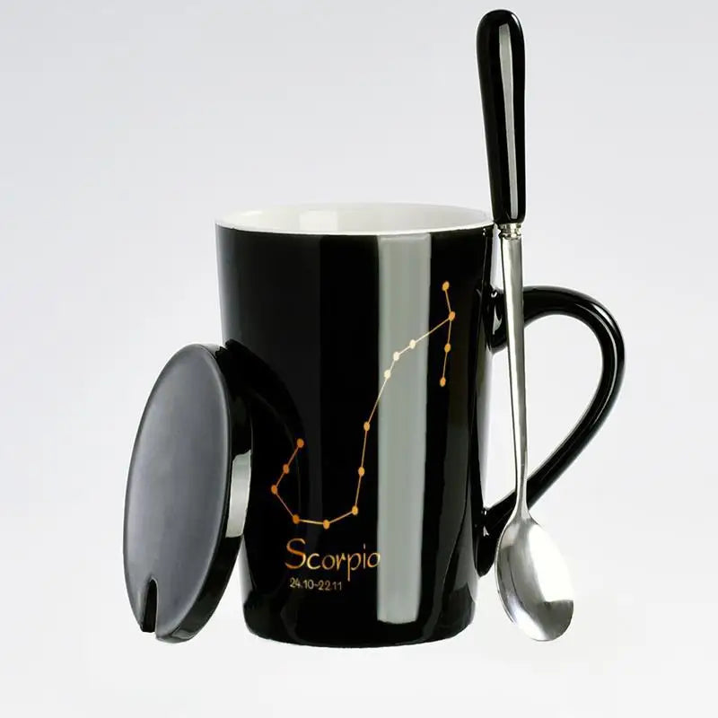 Black & Gold Zodiac Mug Set with Lid & Spoon – 12 Astrology Signs Luxury Coffee Cup Gift