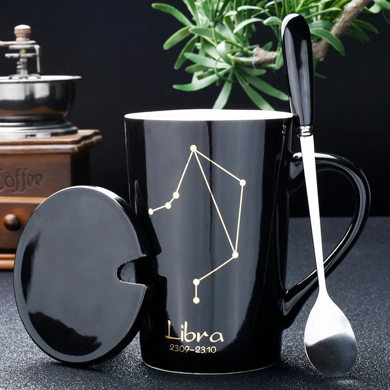 Black & Gold Zodiac Mug Set with Lid & Spoon – 12 Astrology Signs Luxury Coffee Cup Gift