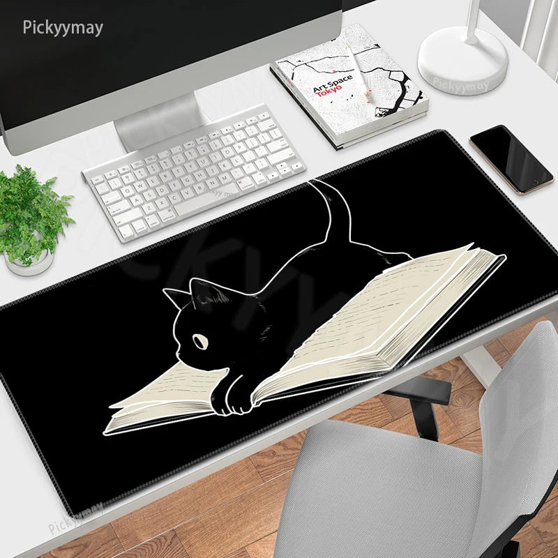 Midnight Cat XXL Gaming Desk Mat – Cute Black Cat Grey Mouse Pad for Office & Setup