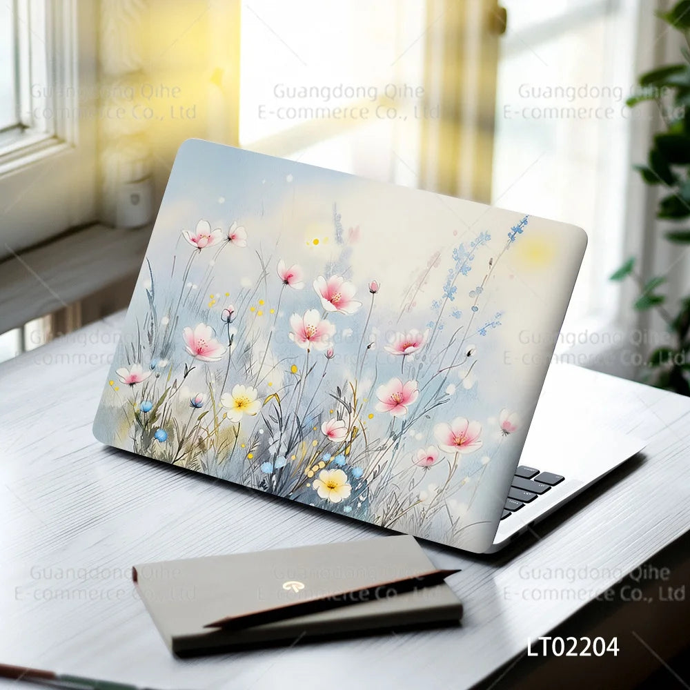 2pcs Creative Botanical Laptop Stickers Hand-Drawn Floral Line Art in Bright Colors, Waterproof Vinyl Decal for Notebook Covers