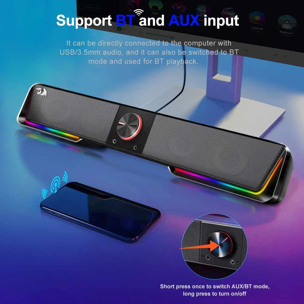 Redragon GS570 Darknets RGB Bluetooth Sound Bar – 2.0 Stereo PC Speakers with 3.5mm AUX, USB Powered, Dynamic RGB Lighting, Compact Desktop Soundbar for Gaming, Movies & Music