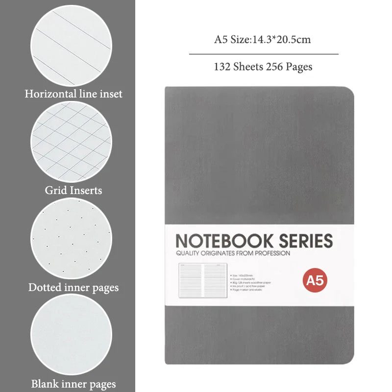 A5/B5 Thickened Notebook,4 Types Inner Pages,132 Sheets/Book,PU Waterproof Cover Diary Agenda Office Student Diary