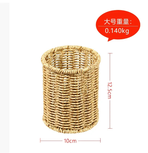 Stationery Storage Tube Circular Desktop Creative Pen Container Handmade Rattan Multi-purpose Pen Holder
