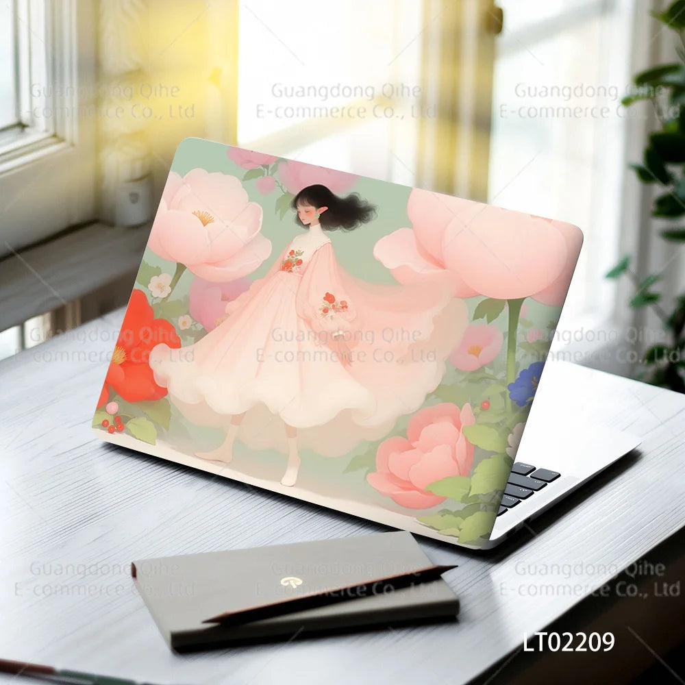 2pcs Creative Botanical Laptop Stickers Hand-Drawn Floral Line Art in Bright Colors, Waterproof Vinyl Decal for Notebook Covers