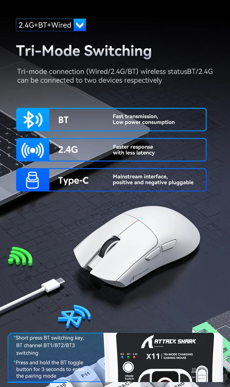 Attack Shark X11&R1 Wireless Gaming Mouse - Tri-Mode , PAW3311 Sensor,22K DPI, 400 IPS, RGB PC Gaming Mouse