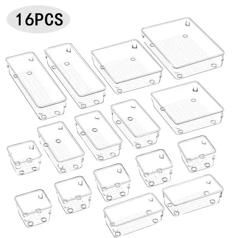 Versatile Drawer Organizer Set - Clear Plastic Trays and Dividers in 5 Sizes for Perfect Makeup and Kitchen Storage