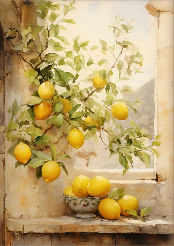 Retro Lemon Garden Canvas Art Poster-Fresh Lemon and Olive Tree Wall Prints for Modern Living Room,Office,and Home Decor Gifts