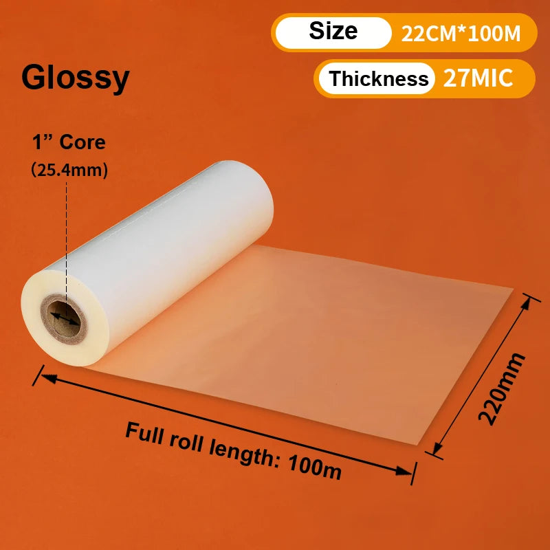 220mm x 100M Satin Matte / Gloss Hot Laminating Film Roll (25–28 Mic) – BOPP Professional Lamination Film, 1” Core for Hot Roll Laminators