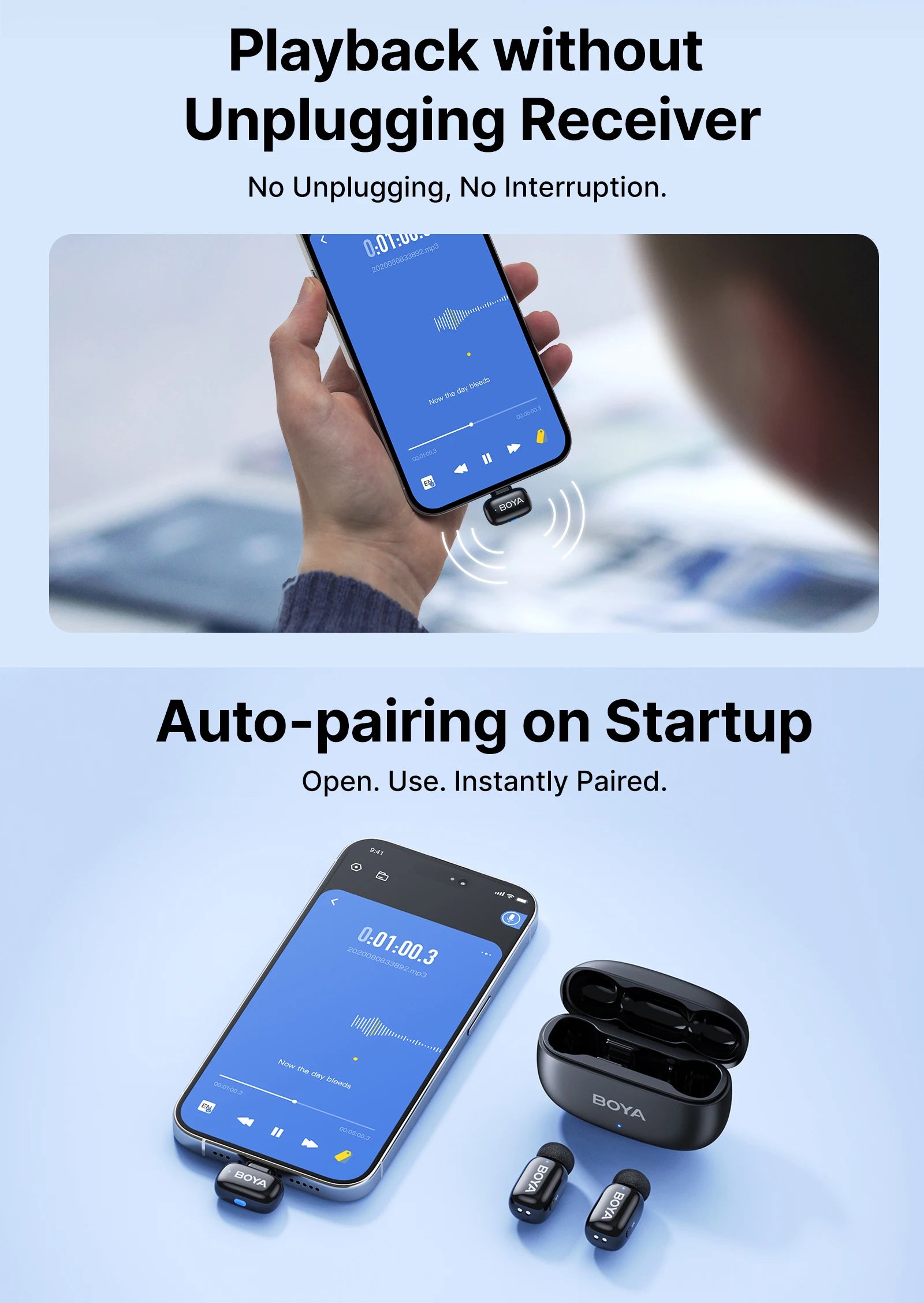 BOYA Mini 2 Wireless Lavalier Microphone – AI Noise Reduction for iPhone & Android