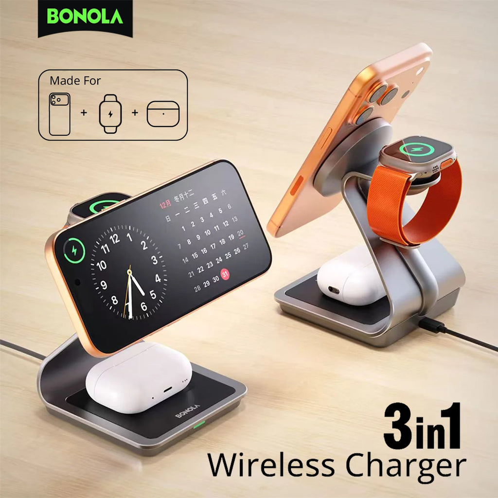 Bonola 3-in-1 Magnetic Wireless Charging Station – iPhone 17/16/15/14, Apple Watch & AirPods Pro