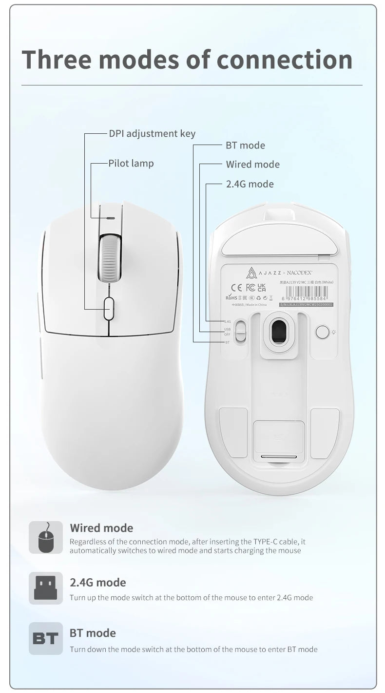 AJAZZ AJ139 V2 Tri-Mode Gaming Mouse – PAW3311, 12000 DPI & Magnetic Charging Base