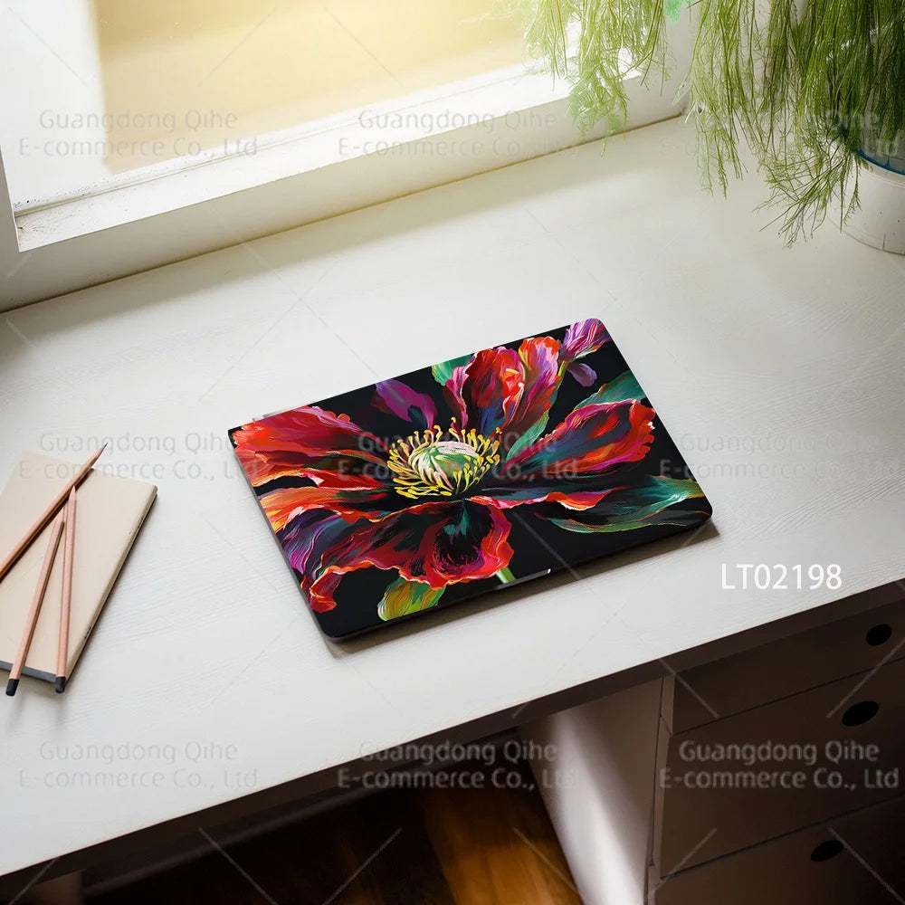 2pcs Creative Botanical Laptop Stickers Hand-Drawn Floral Line Art in Bright Colors, Waterproof Vinyl Decal for Notebook Covers