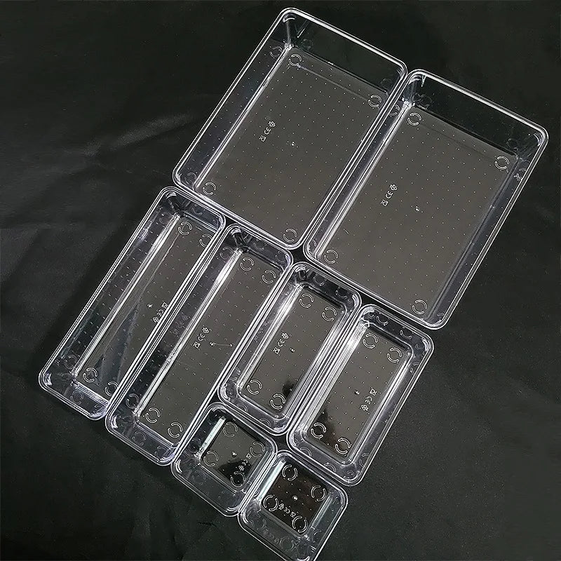 Versatile Drawer Organizer Set - Clear Plastic Trays and Dividers in 5 Sizes for Perfect Makeup and Kitchen Storage