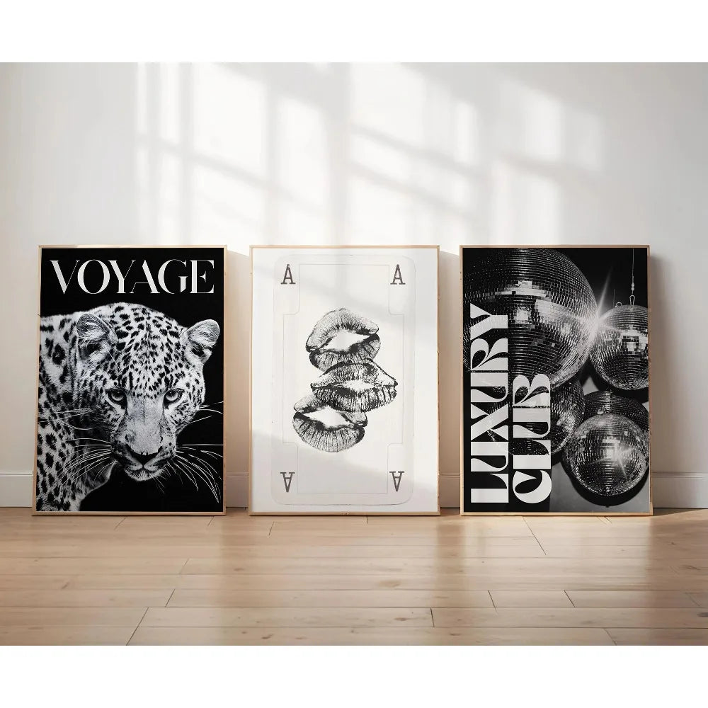 3pcs Frameless Leopard Print,Black and White Gallery Fashion Canvas Poster,Fashion Printing Decor,Office Aesthetics Girl Decor