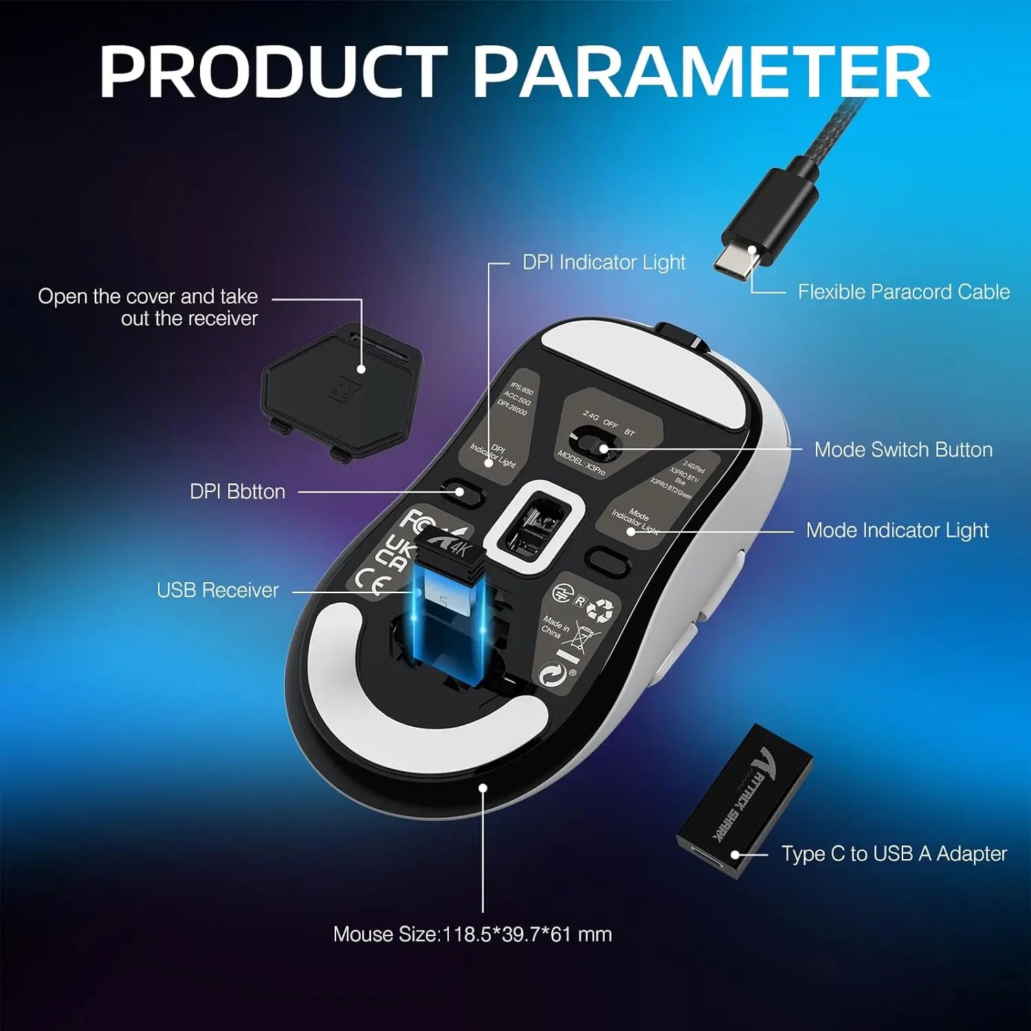 Attack Shark X3 Pro Wireless Gaming Mouse – PAW3395, 26000 DPI Tri-Mode Macro