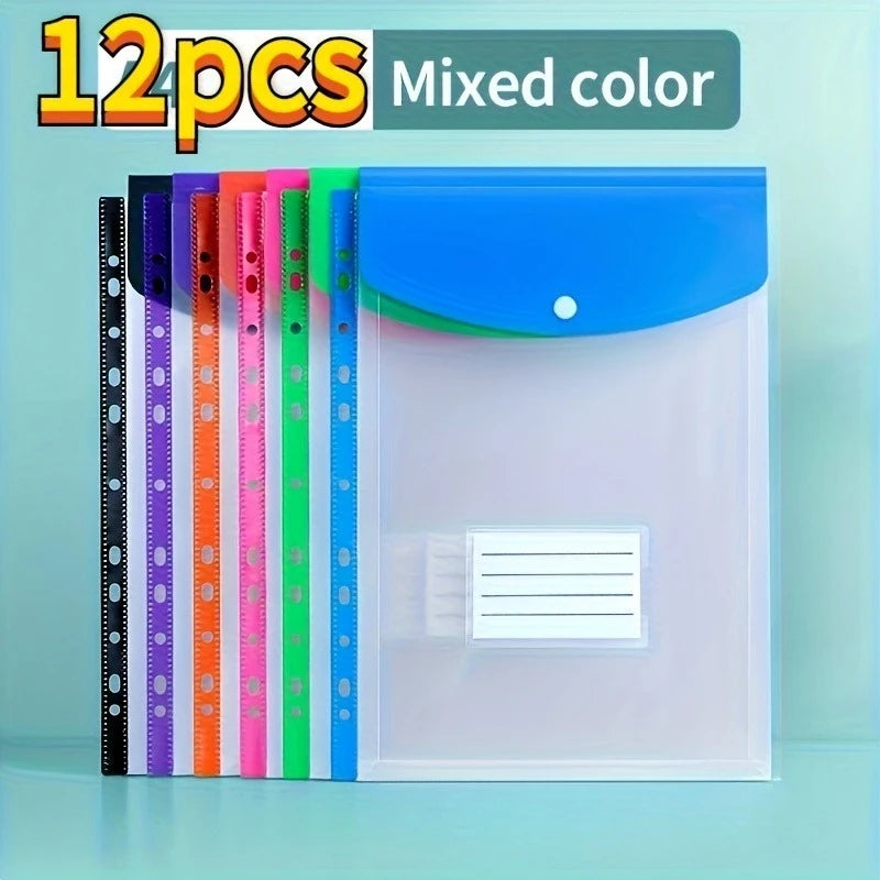 6/12pcs A4 Expanding File Folders with Push-Button 11-Ring Binder Pockets - PP Plastic Document Organizer with Locking Mechanism