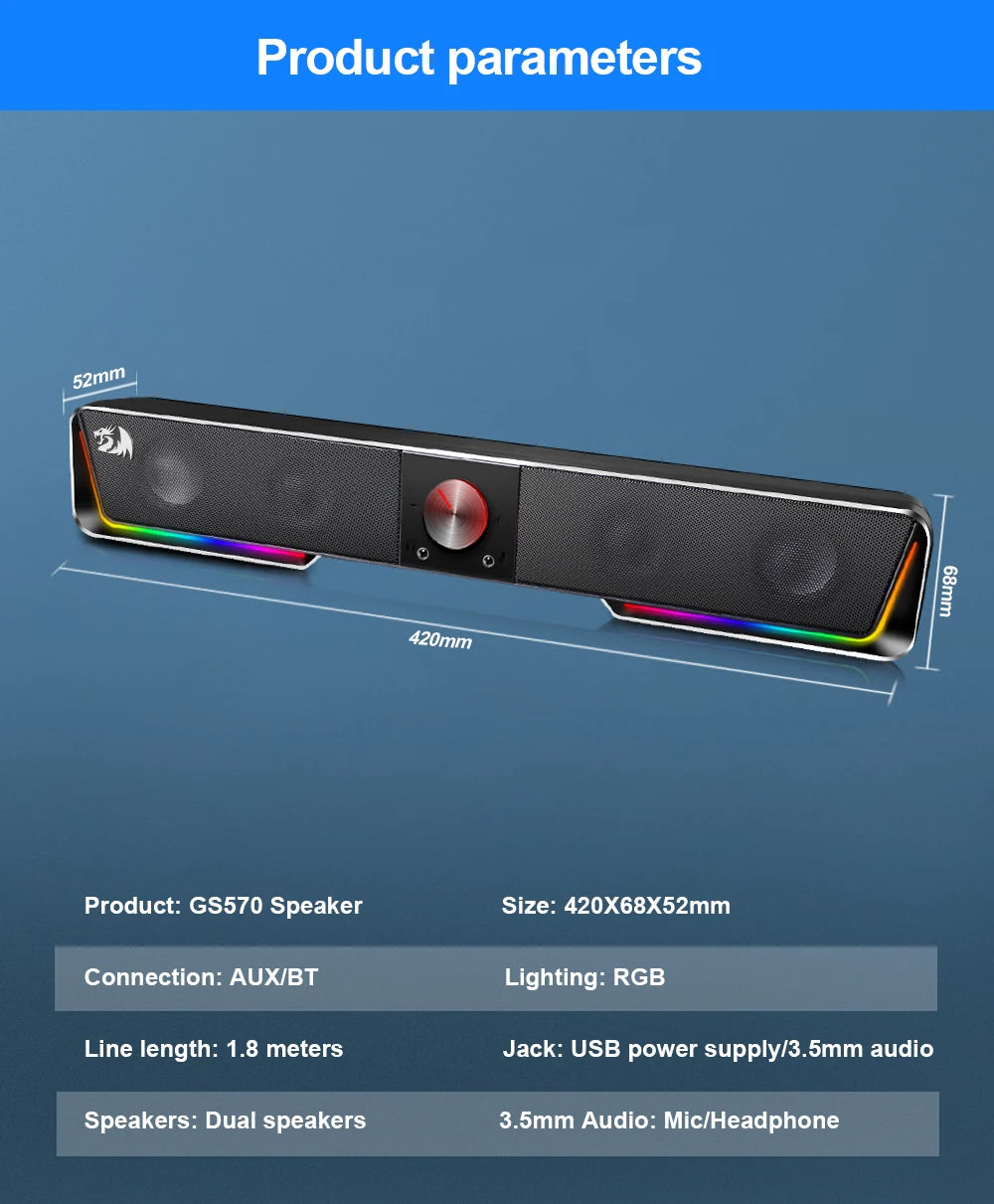 Redragon GS570 Darknets RGB Bluetooth Sound Bar – 2.0 Stereo PC Speakers with 3.5mm AUX, USB Powered, Dynamic RGB Lighting, Compact Desktop Soundbar for Gaming, Movies & Music