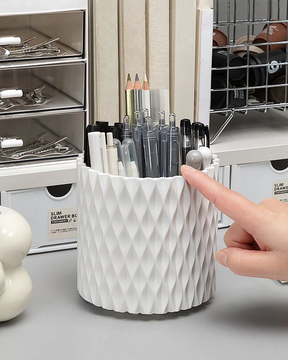 Desk Storage Box, Pen Holder Stationery, Pencil Accessories Storage, Suitable for University, Home, Office, 5 Compartments, 3 Co