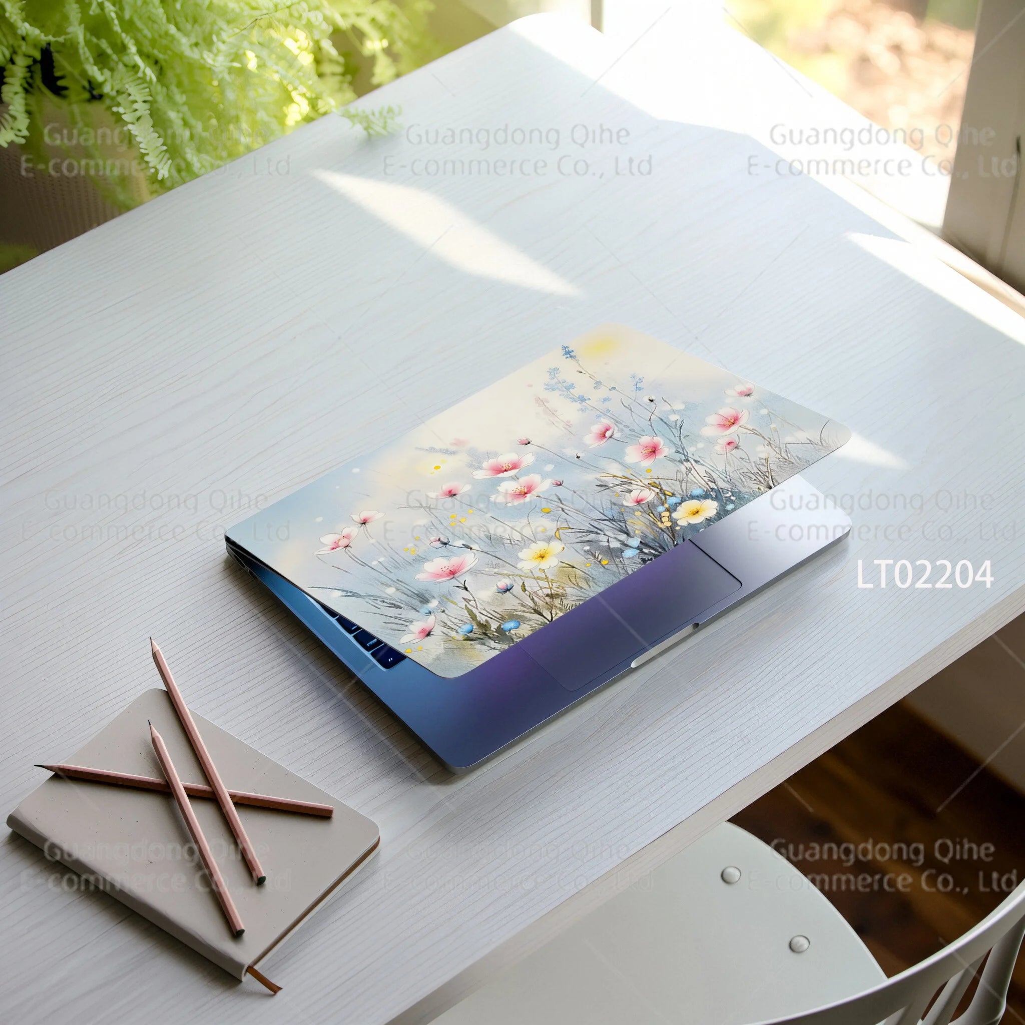 2pcs Creative Botanical Laptop Stickers Hand-Drawn Floral Line Art in Bright Colors, Waterproof Vinyl Decal for Notebook Covers