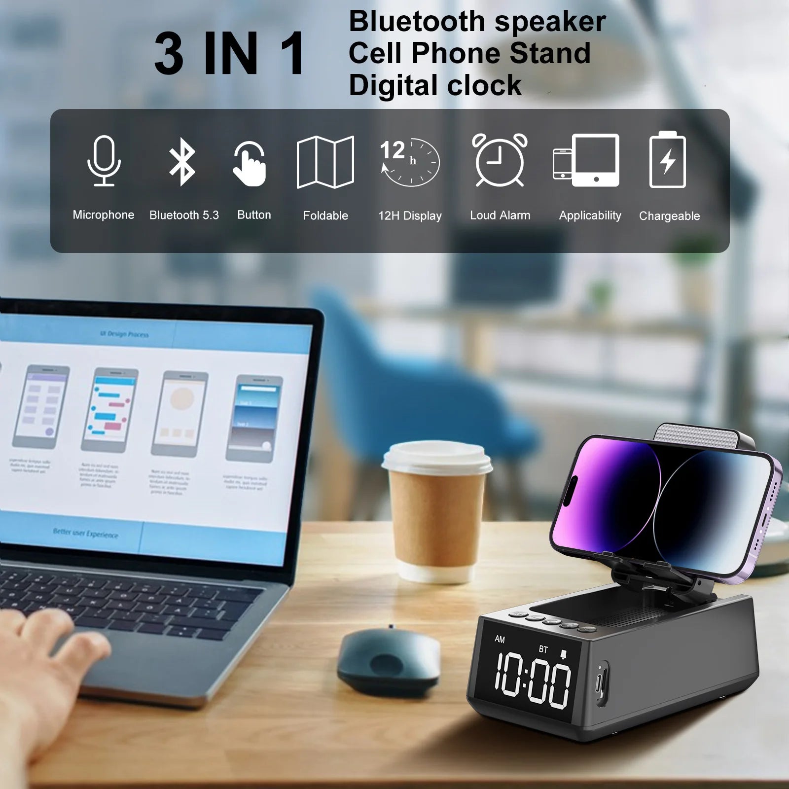 TimeTune Pro – Foldable Bluetooth Speaker with Alarm Clock & Phone Stand