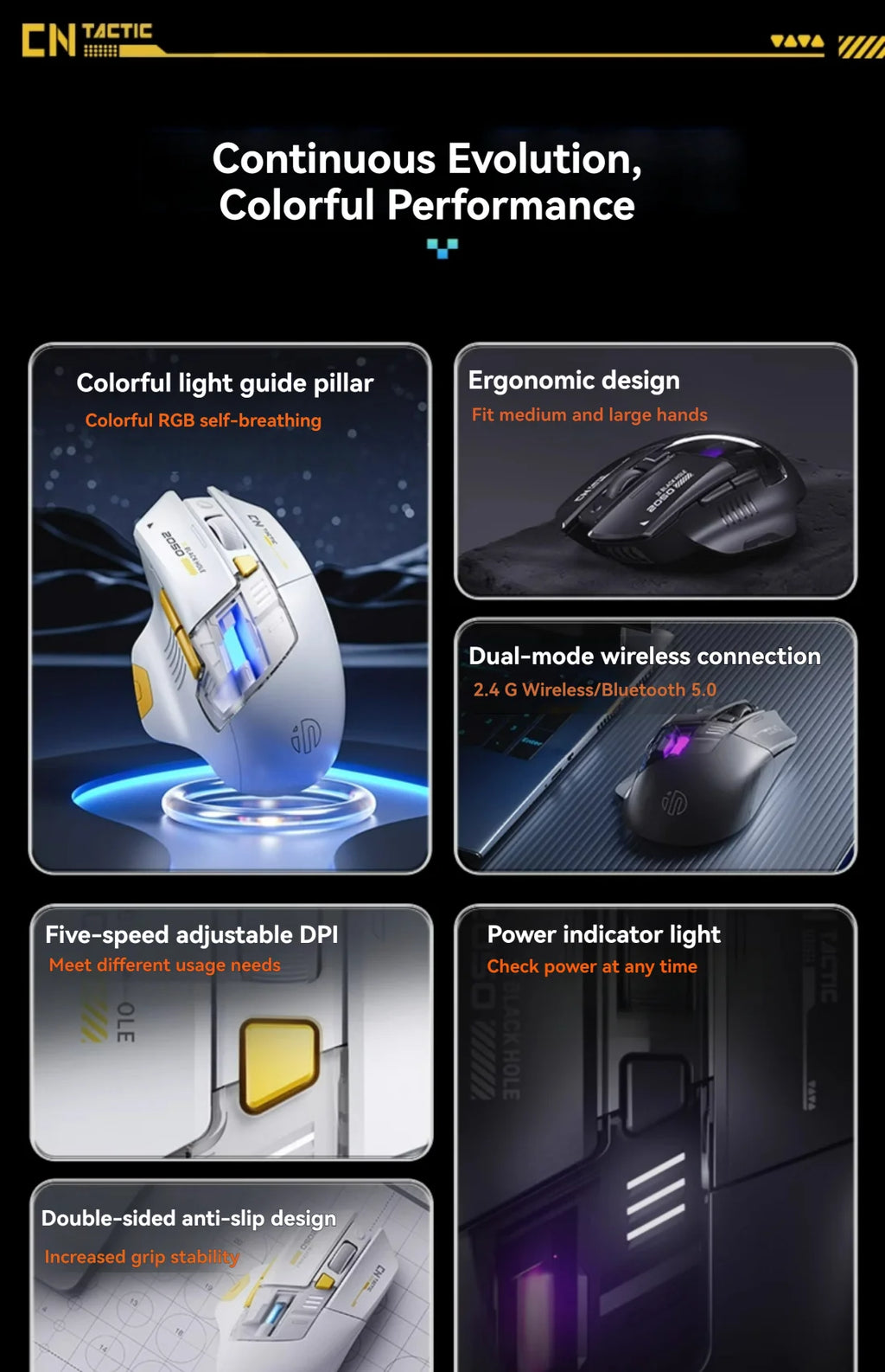 Inphic A9 Pro Tri-Mode Gaming Mouse – 12800 DPI, RGB Light Pillar & Macro Driver