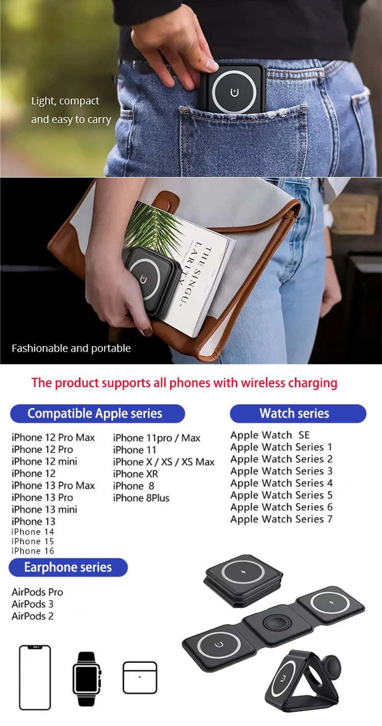 MagFold 3-in-1 Magnetic Wireless Charger – Qi2 30W Foldable Dock for iPhone, Watch & AirPods