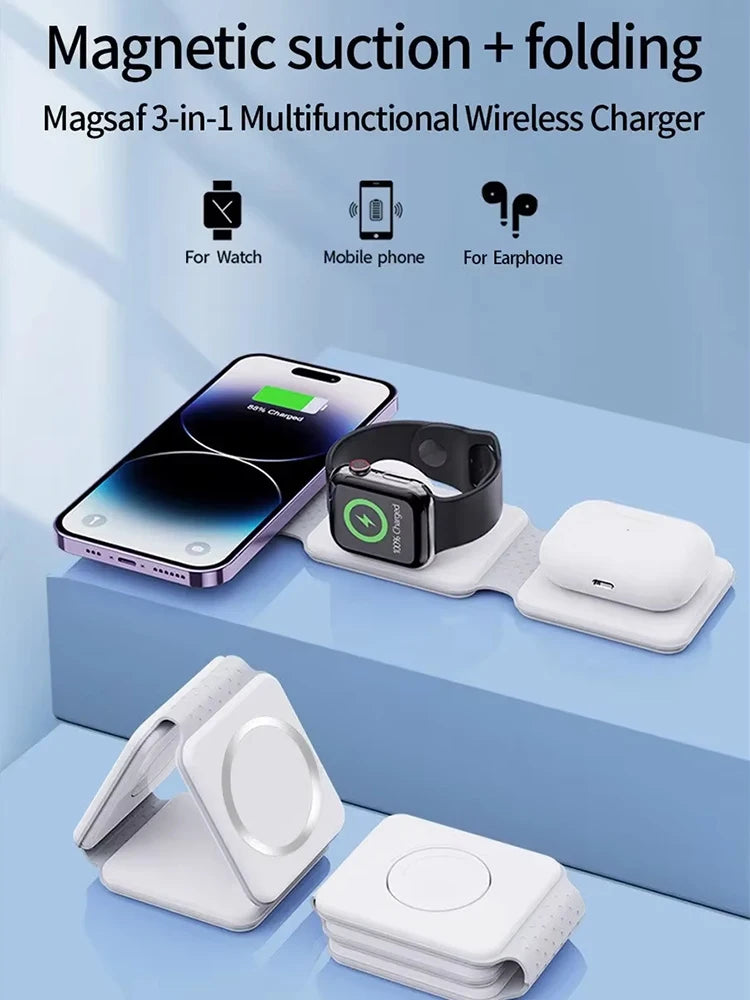 MagFold 3-in-1 Magnetic Wireless Charger – Qi2 30W Foldable Dock for iPhone, Watch & AirPods