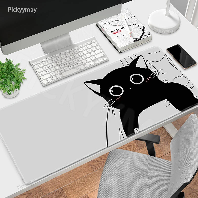 Midnight Cat XXL Gaming Desk Mat – Cute Black Cat Grey Mouse Pad for Office & Setup