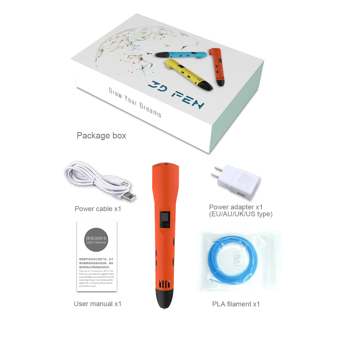 QCREATE 3D Printing Pen – LCD Display, 8 Speeds, PLA & ABS, 60-245°C