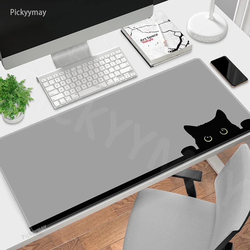Midnight Cat XXL Gaming Desk Mat – Cute Black Cat Grey Mouse Pad for Office & Setup
