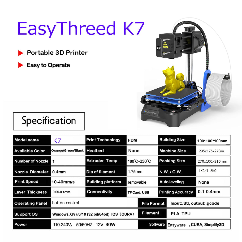 EasyThreed K7 Mini 3D Printer – Entry Level FDM Toy Gift, PLA & TPU 1.75mm