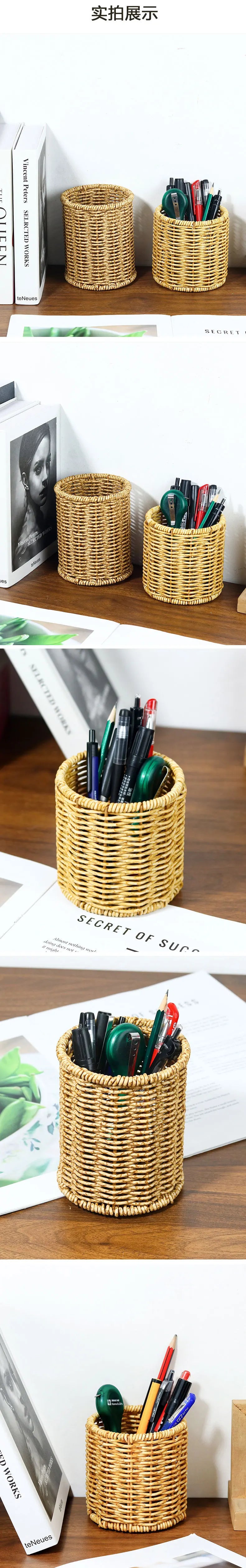 Stationery Storage Tube Circular Desktop Creative Pen Container Handmade Rattan Multi-purpose Pen Holder