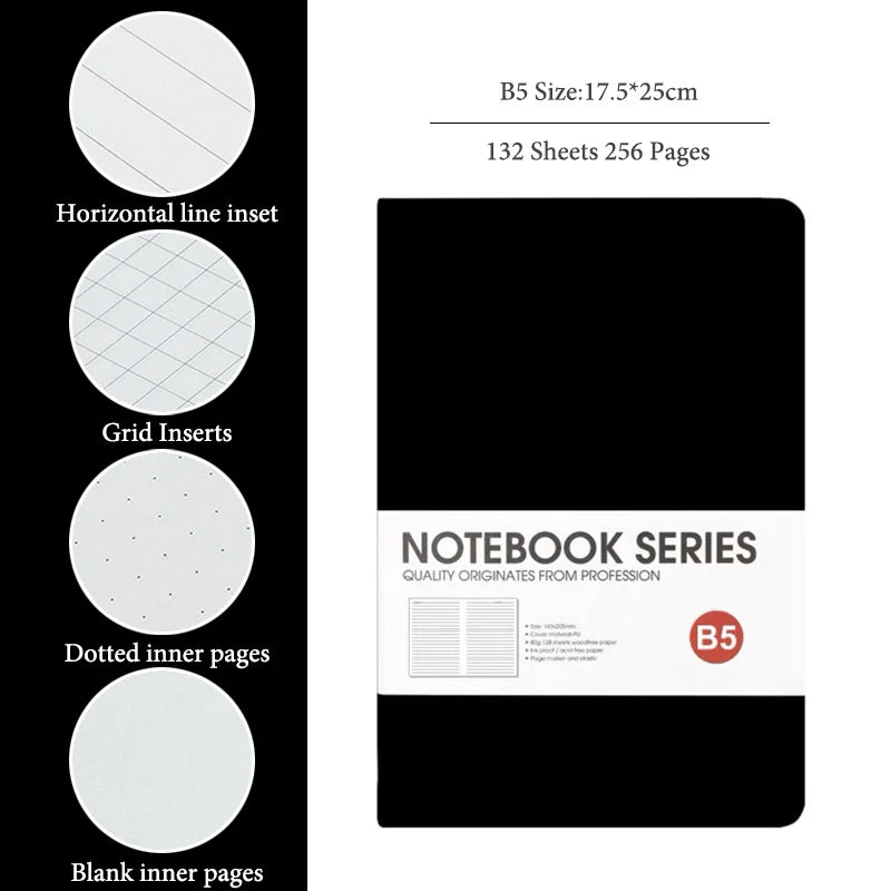 A5/B5 Thickened Notebook,4 Types Inner Pages,132 Sheets/Book,PU Waterproof Cover Diary Agenda Office Student Diary