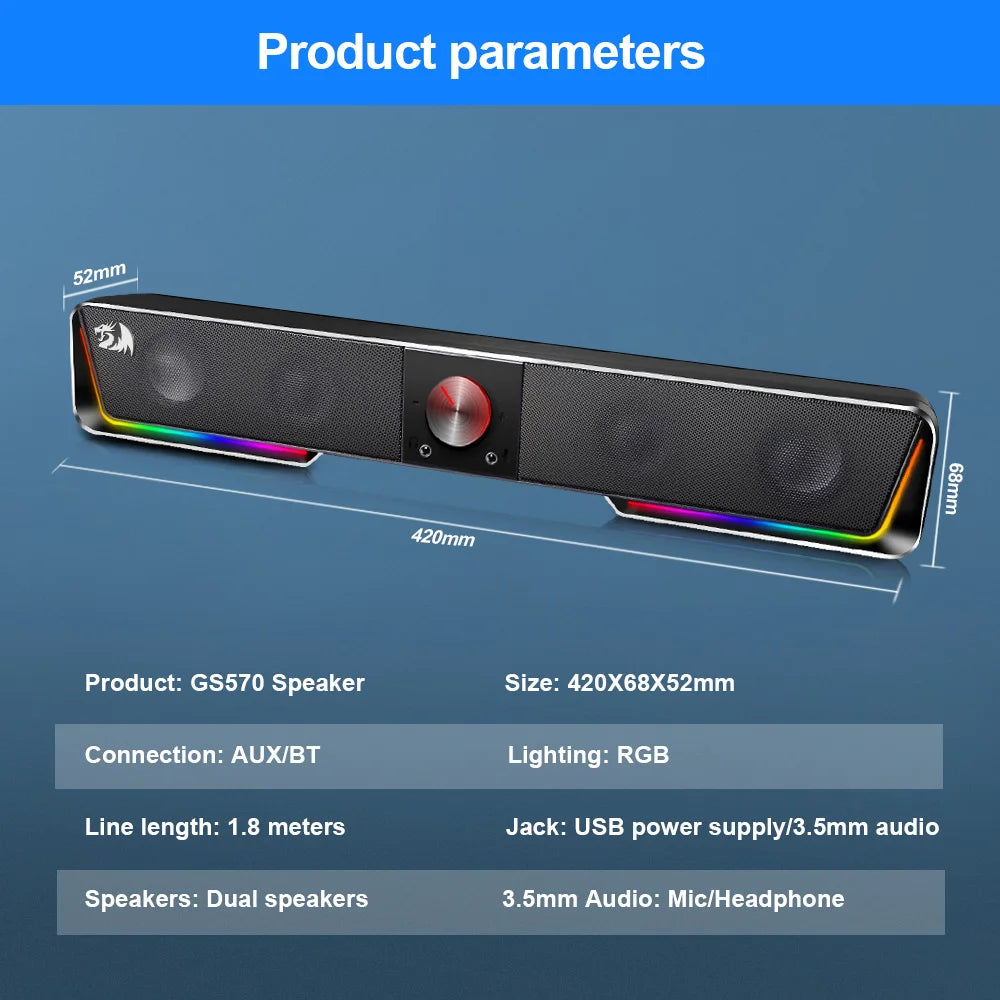 Redragon GS570 Darknets RGB Bluetooth Sound Bar – 2.0 Stereo PC Speakers with 3.5mm AUX, USB Powered, Dynamic RGB Lighting, Compact Desktop Soundbar for Gaming, Movies & Music