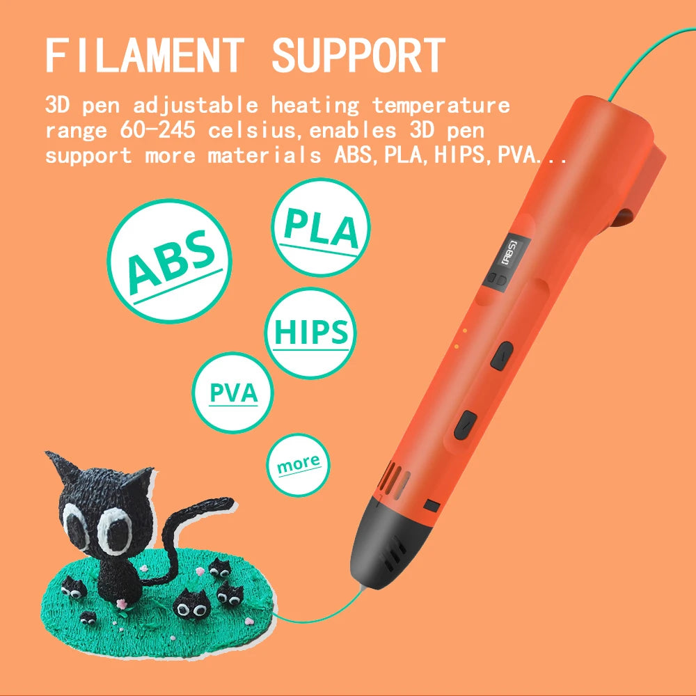QCREATE 3D Printing Pen – LCD Display, 8 Speeds, PLA & ABS, 60-245°C