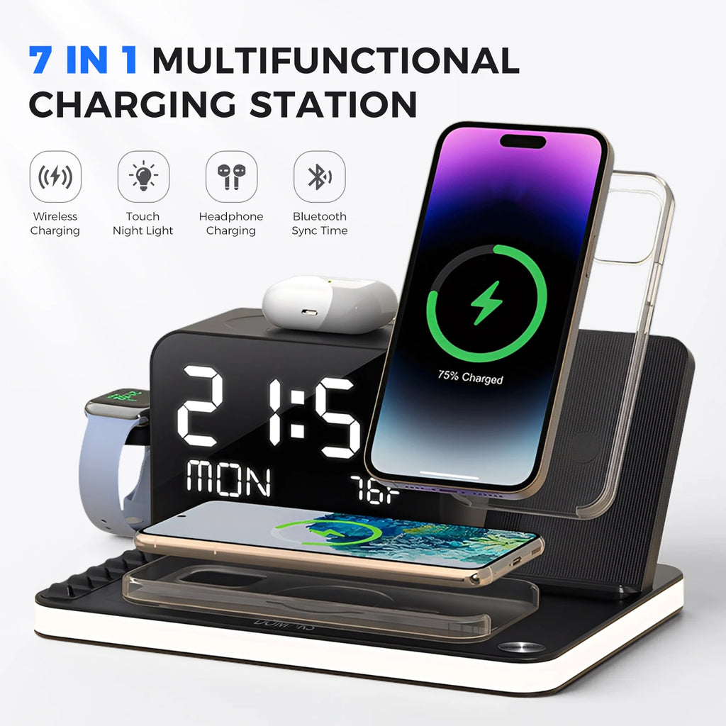 7-in-1 Wireless Charging Stand – Night Light, Clock & Temperature Display for iPhone, Headphones & Watches