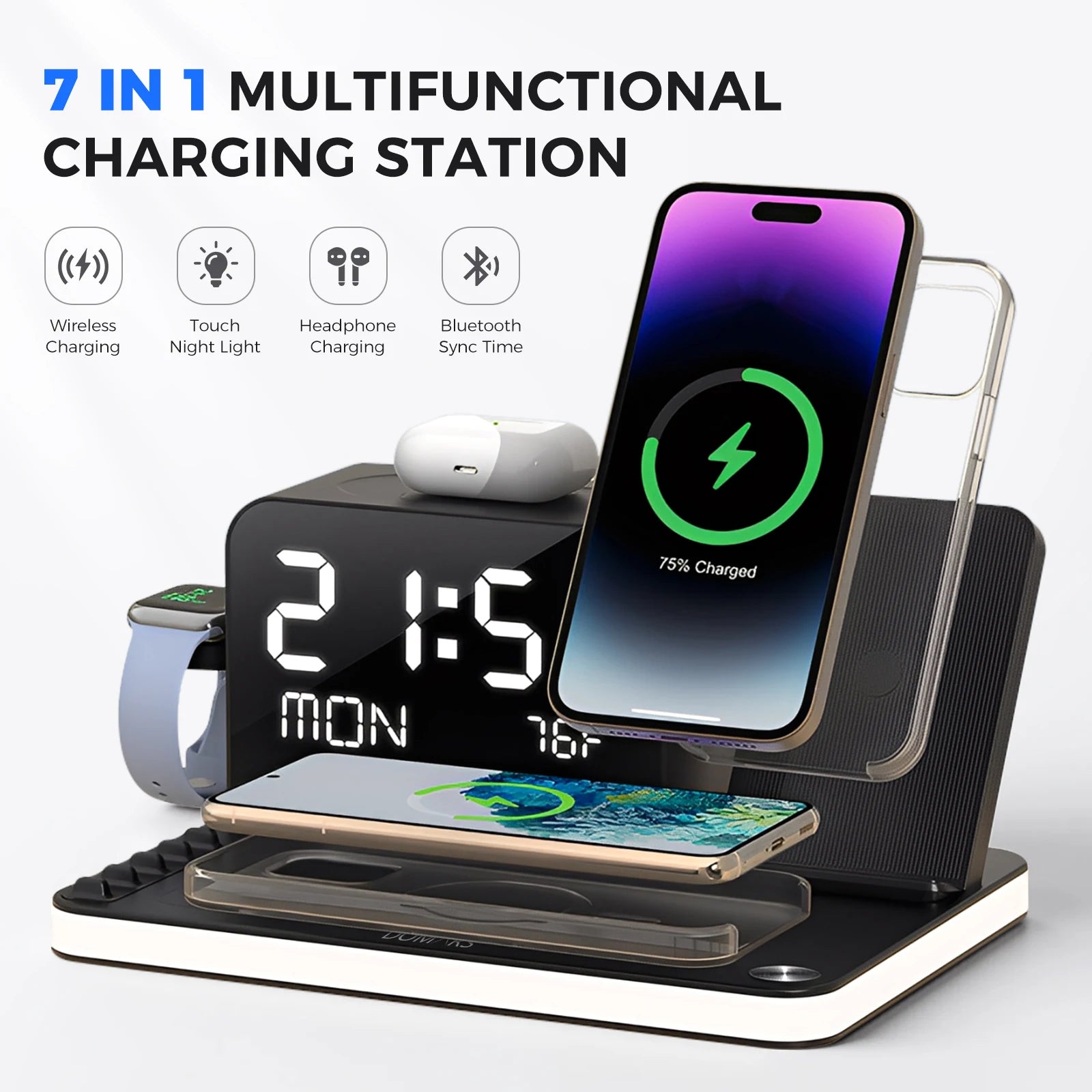 7-in-1 Wireless Charging Stand – Night Light, Clock & Temperature Display for iPhone, Headphones & Watches