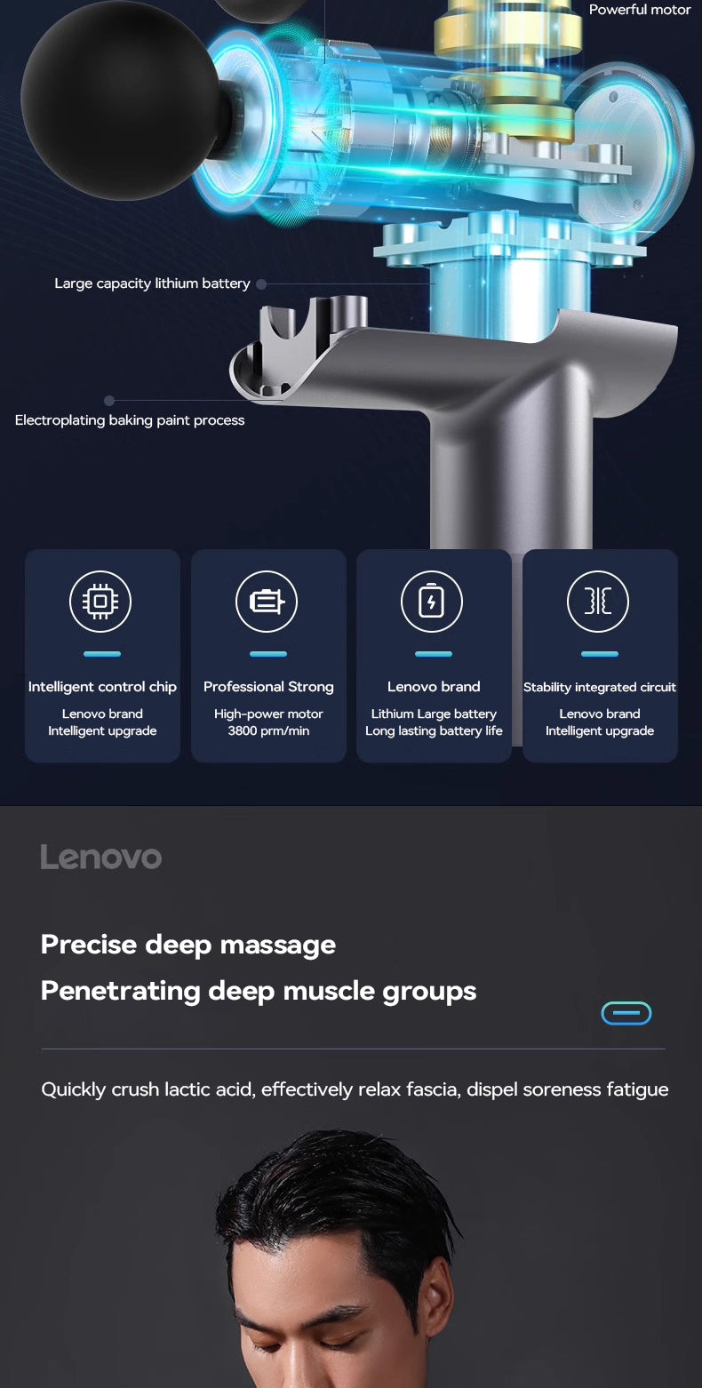 Lenovo Wireless Fascia Massage Gun – 8 Heads, Rechargeable for Neck, Back & Legs